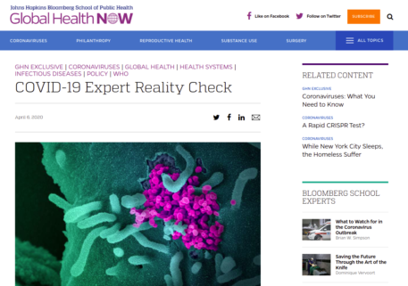 Johns Hopkins Bloomberg School of Public Health Global Health Now COVID-19 Expert Reality Check