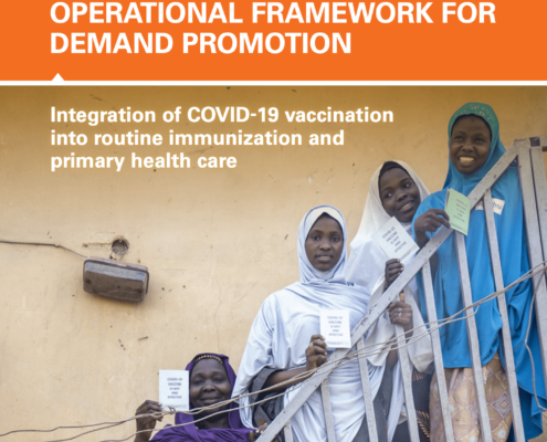 African women standing on stairs and holding their COVID-19 vaccine cards. The text reads: "Operational Framework for Demand Promotion: Integration of COVID-19 vaccination into routine immunization and primary health care"