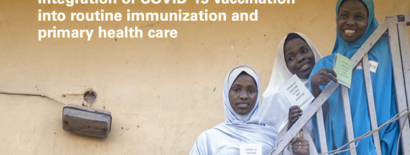 African women standing on stairs and holding their COVID-19 vaccine cards. The text reads: "Operational Framework for Demand Promotion: Integration of COVID-19 vaccination into routine immunization and primary health care"