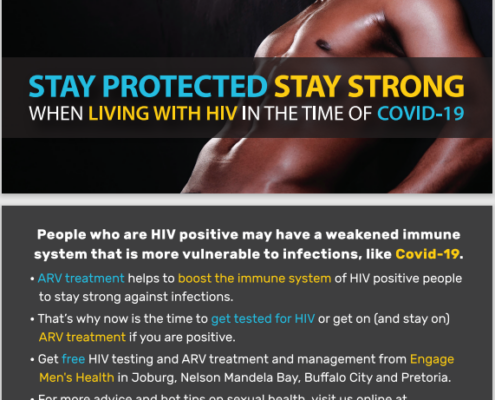A poster showing a muscular man. The text reads: "Stay Protected Stay Strong when living with IV in the time of COVID-19"
