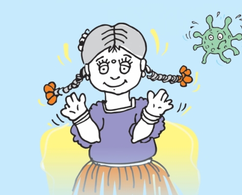 A drawing of a young girl and the coronavirus