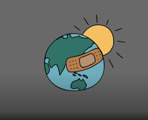 A drawing of a globe with a bandage over it with the sun in the background