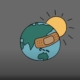 A drawing of a globe with a bandage over it with the sun in the background