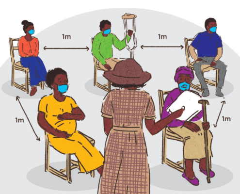 A drawing of people sitting one meter apart and wearing masks