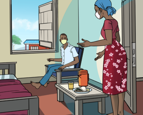 A drawing of a health care worker visiting a patient