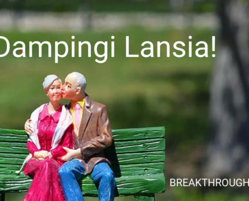 A figurine of an elderly couple sitting on a bench. Text reads "SIAP Dampingi Lansia! Breakthrough ACTION Project""