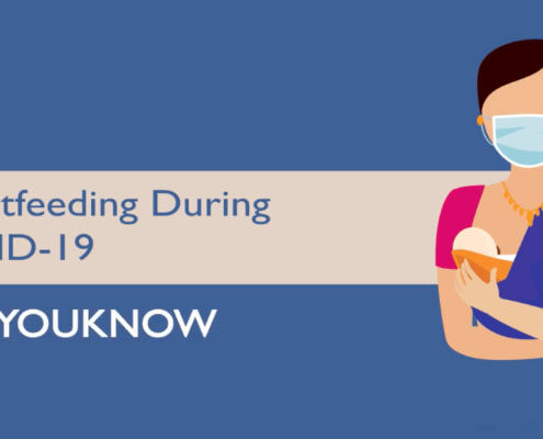 A clip art of a woman wearing a mask while breastfeeding her child. Text reads: "Breastfeeding During COVID-19. #DoYouKnow"