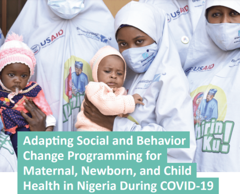 A group of Nigerian healthcare workers and two babies. The text reads: "Adapting SBC Programming for MNCH in Nigeria During COVID-19"