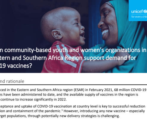 An African woman holding her child. The text reads: "How can community-based youth and women’s organizations in the Eastern and Southern Africa Region support demand for COVID-19 vaccines?"