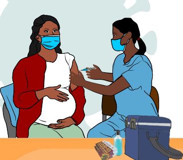 A graphic showing a healthcare worker administering a COVID-19 vaccine to a pregnant woman.