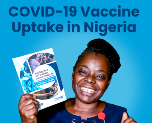 A Nigerian healthcare worker holding up a book. The text says: "Engaging and Empowering Health Care Workers to Promote COVID-19 Vaccine Uptake in Nigeria"